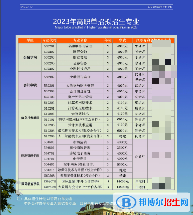 長春金融高等?？茖W(xué)校高職單招2023年學(xué)費(fèi)一覽表